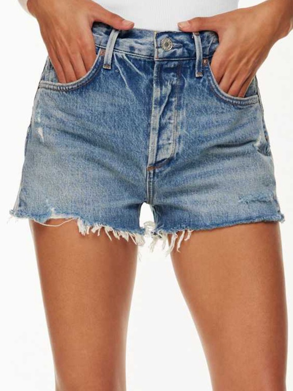 Agolde Jaden High Rise Button Fly Distressed Denim Cutoff Shorts‎